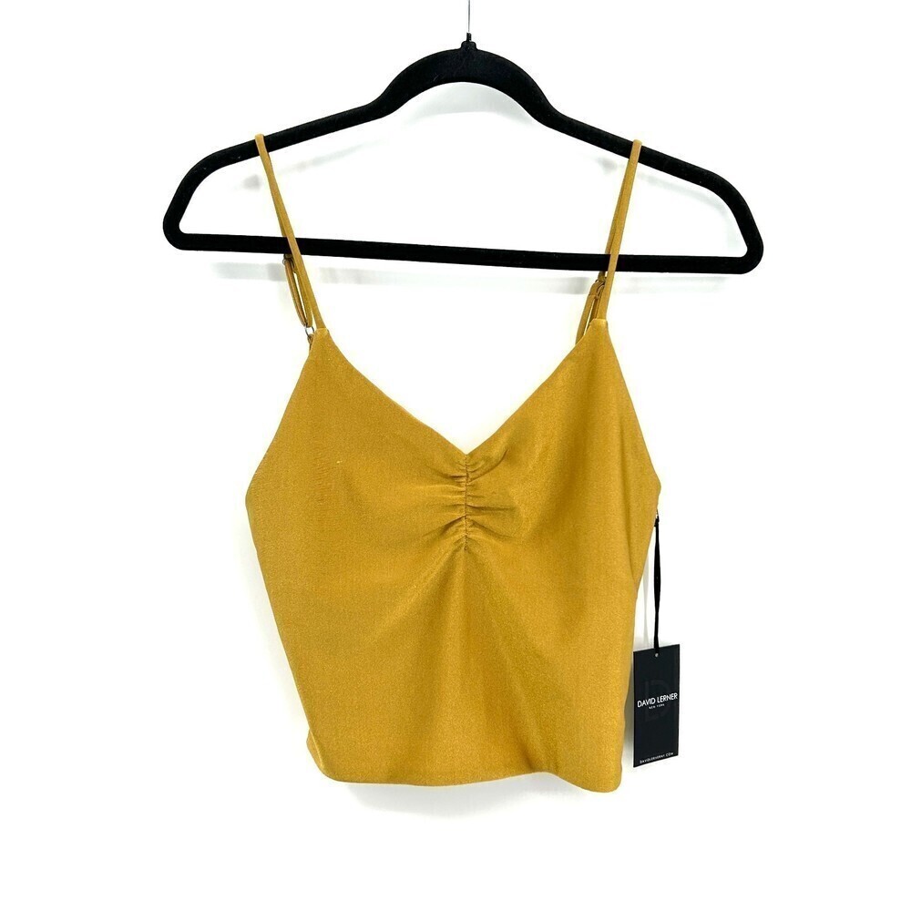NWT DAVID LERNER Mustard Yellow Ruched Spaghetti Strap Stretch Crop Top Small